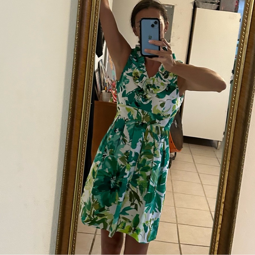 STUDIO I Floral Tropical Print Dress w Ruffled Neckline Size 6P